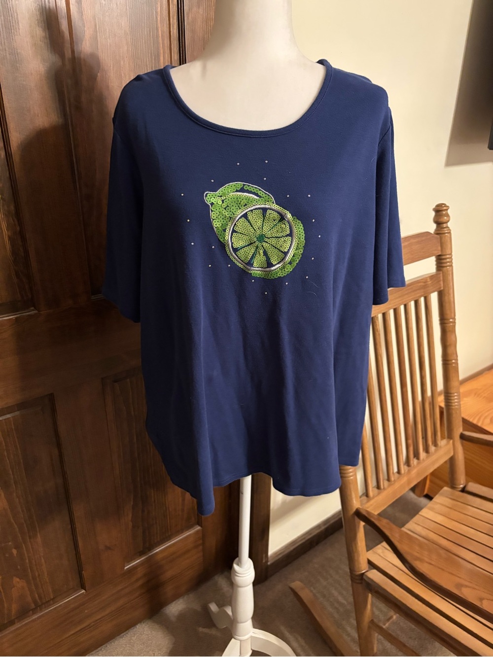 Quacker Factory Navy Blue Tee with Orange Logo Accent